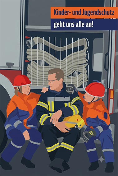 Symbolgrafik ein Feuerwehrmann mit 2 Jugendfeuerwehrangehörigen