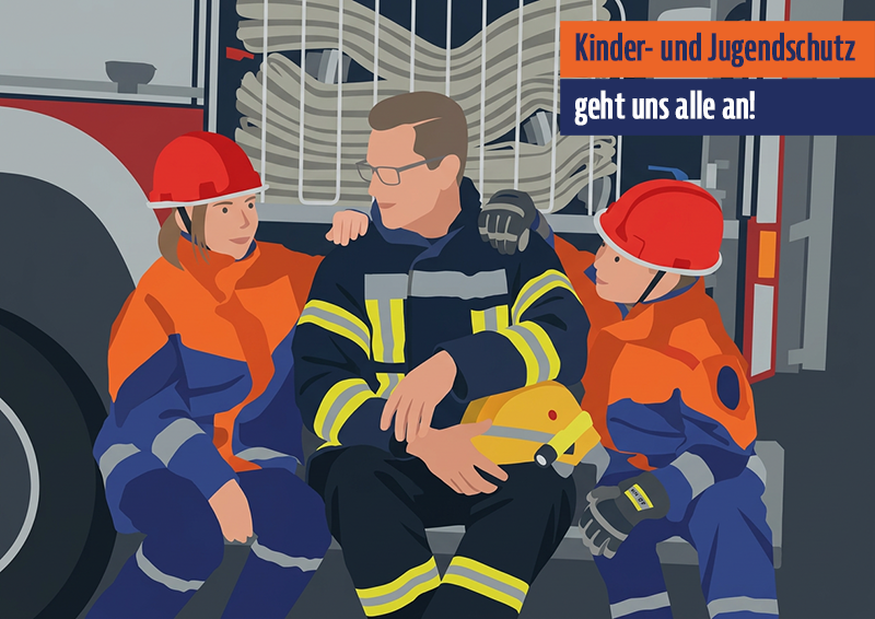 Symbolgrafik ein Feuerwehrmann mit 2 Jugendfeuerwehrangehörigen